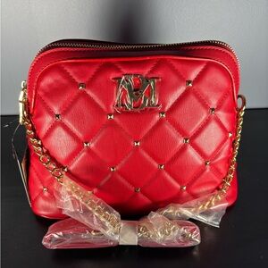Badgley Mischka Quilted Studded Red Crossbody Bag with Gold Chain